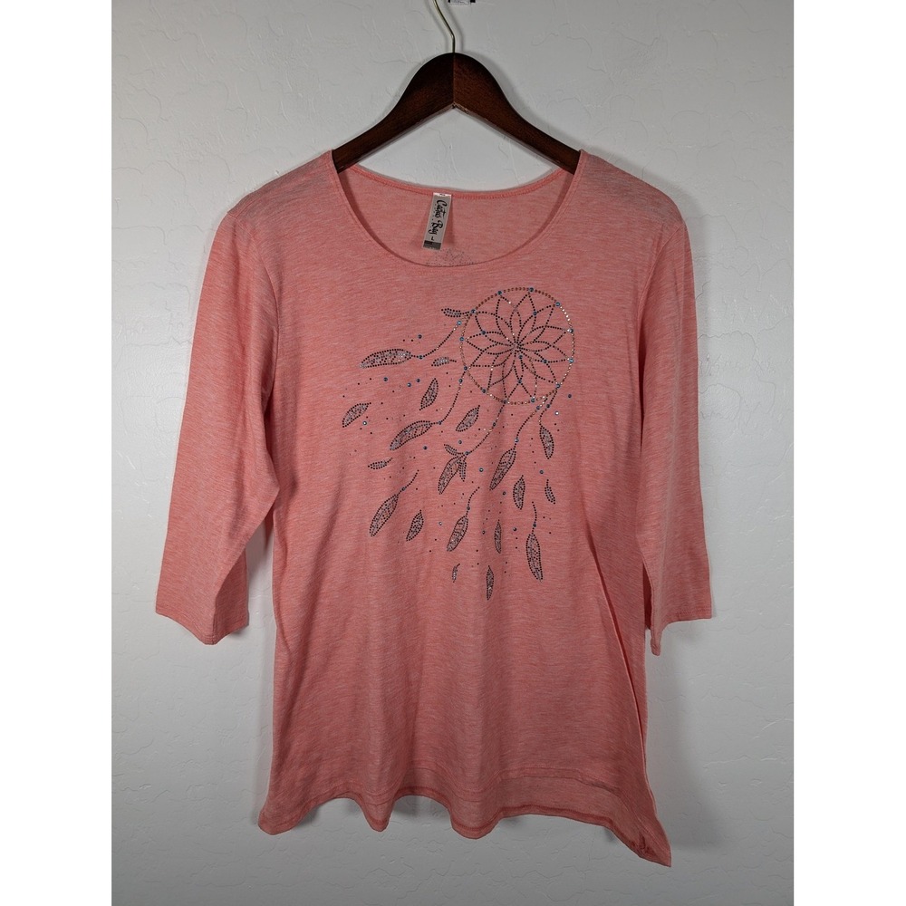 Cactus Bay Shirt Womens Large Pink Dreamcatcher Rhinestone 3/4 Sleeve Made USA
